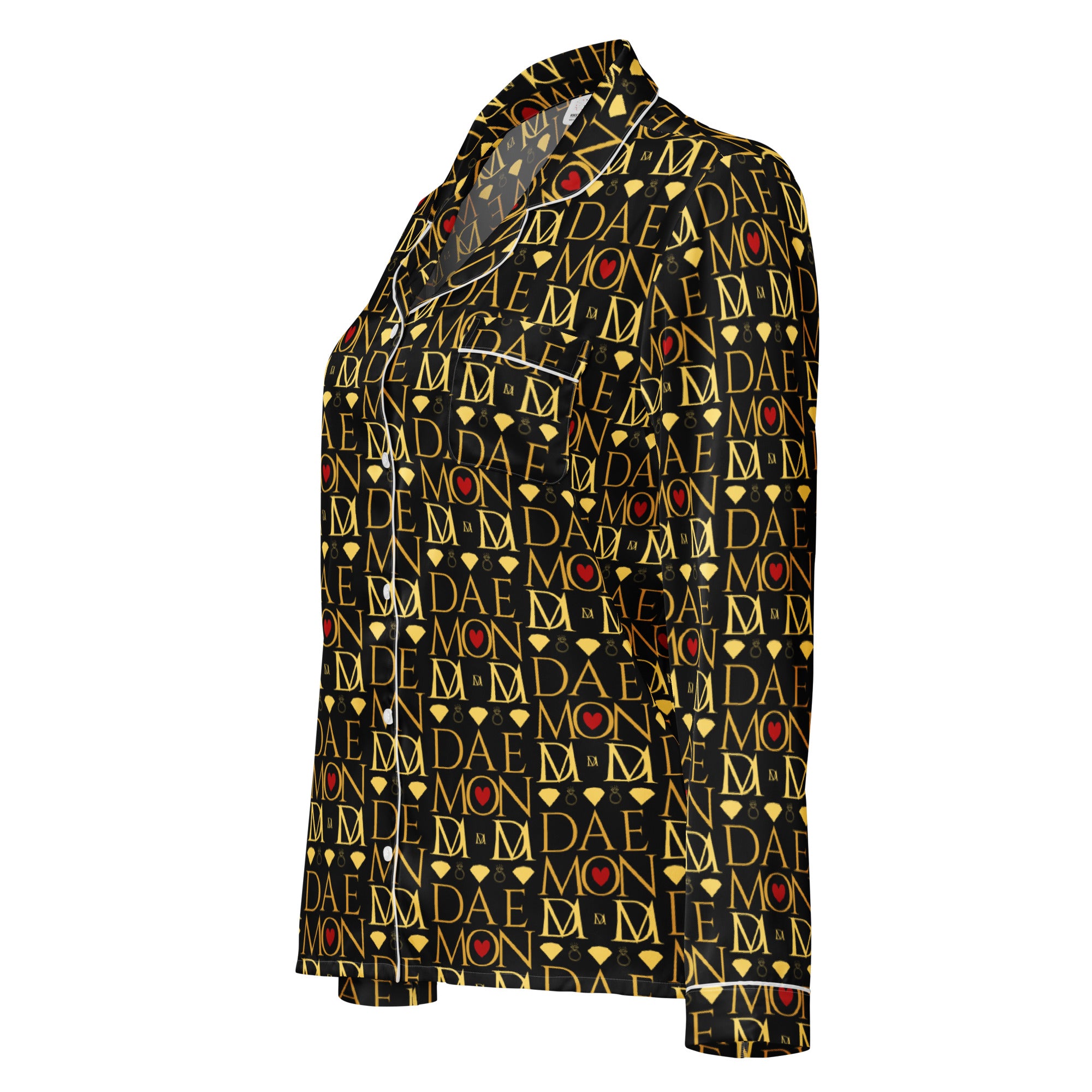 Daemon Luxury Sun Glow California women's long-sleeve silk pajama top with vibrant all-over print, white background and relaxed fit.