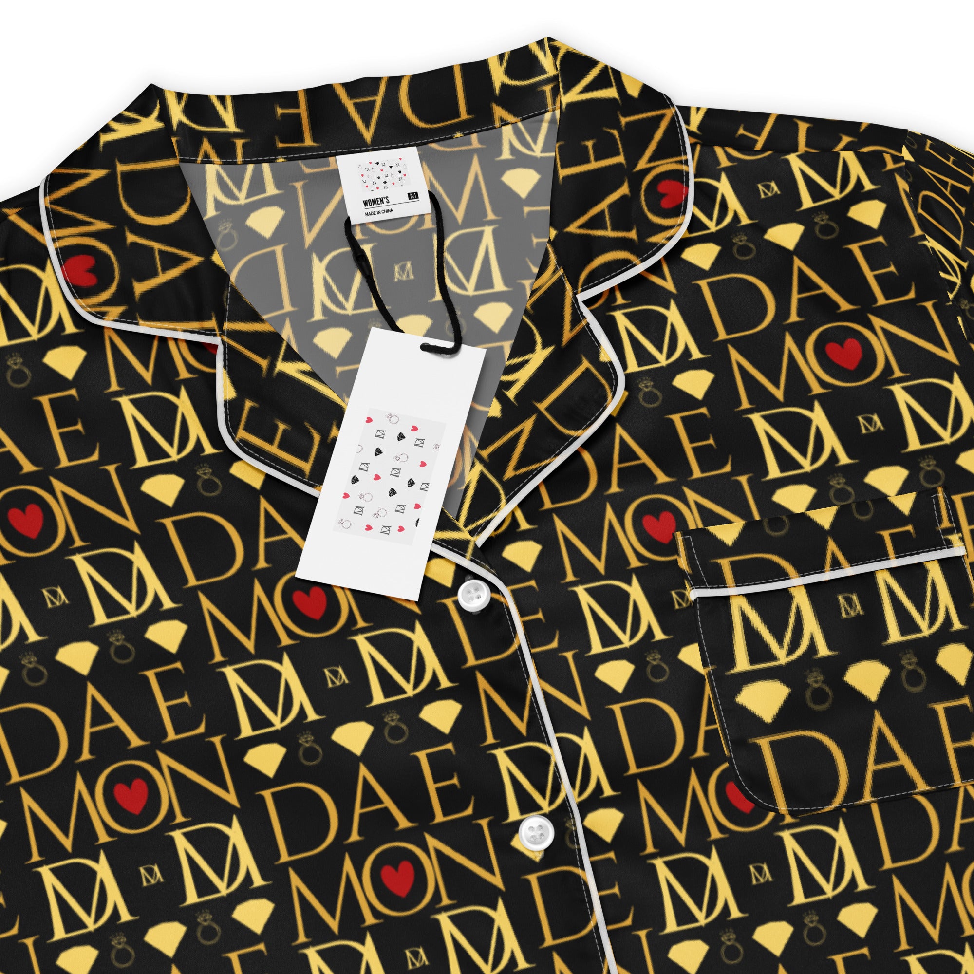 Daemon Luxury Sun Glow California women's silk pajama top with all-over vibrant print, long sleeves, and comfortable fit.