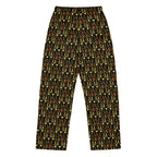 Daemon Luxury Sun Glow California women's silk pajama pants with all-over black and colorful print, back view.