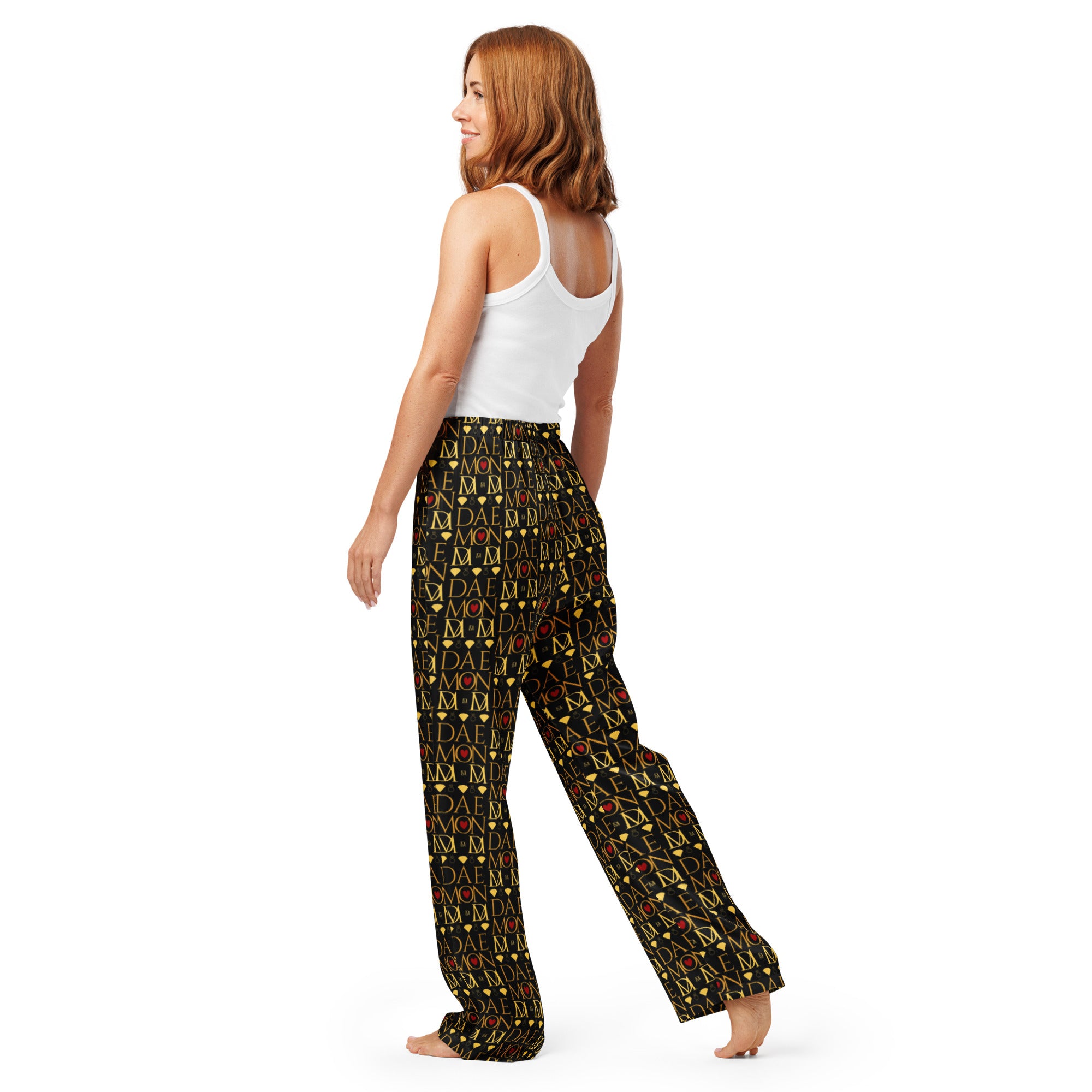Daemon Luxury Sun Glow California women's silk pajama pants with all-over black print, comfortable and stylish sleepwear.
