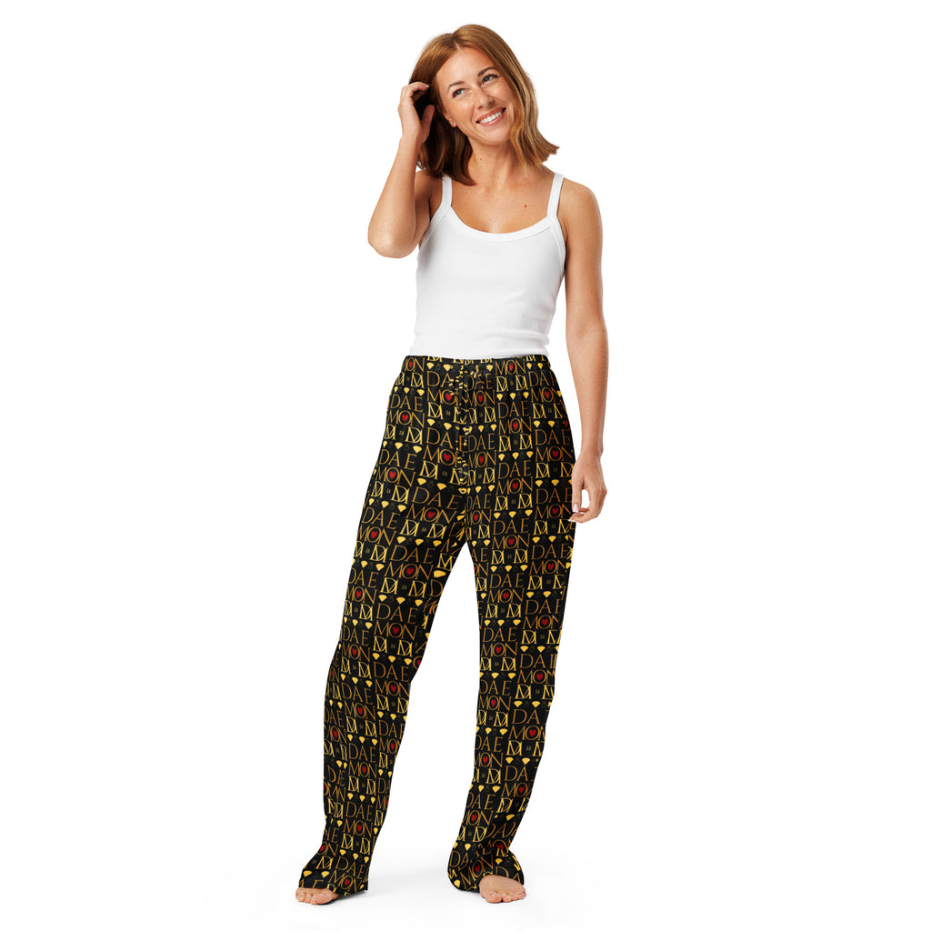 Daemon Luxury Sun Glow California women's pajama pants in black silk with all-over sunset print front view