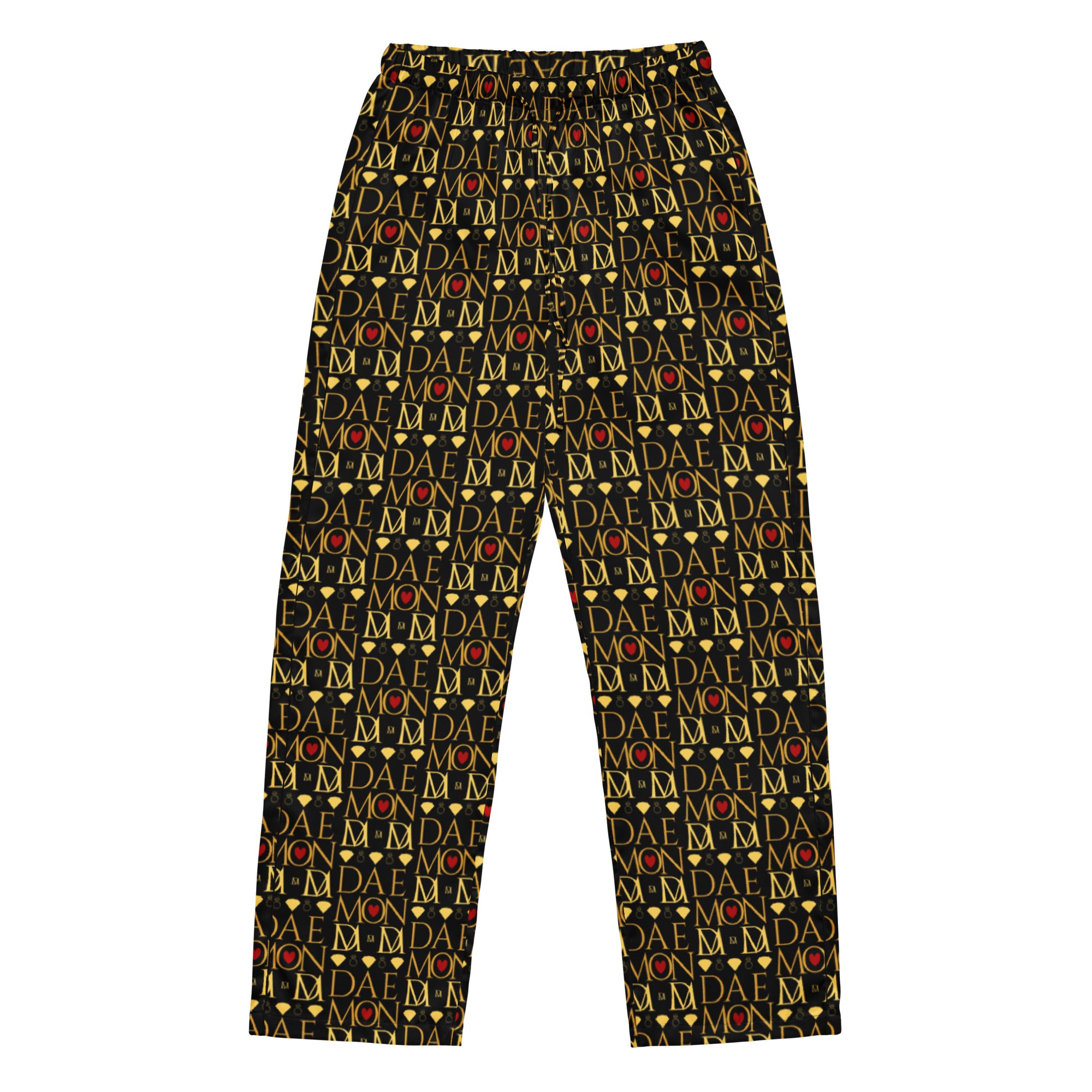 Daemon Luxury Sun Glow California women's pajama pants in black with all-over sunset print, made from silky satin fabric.