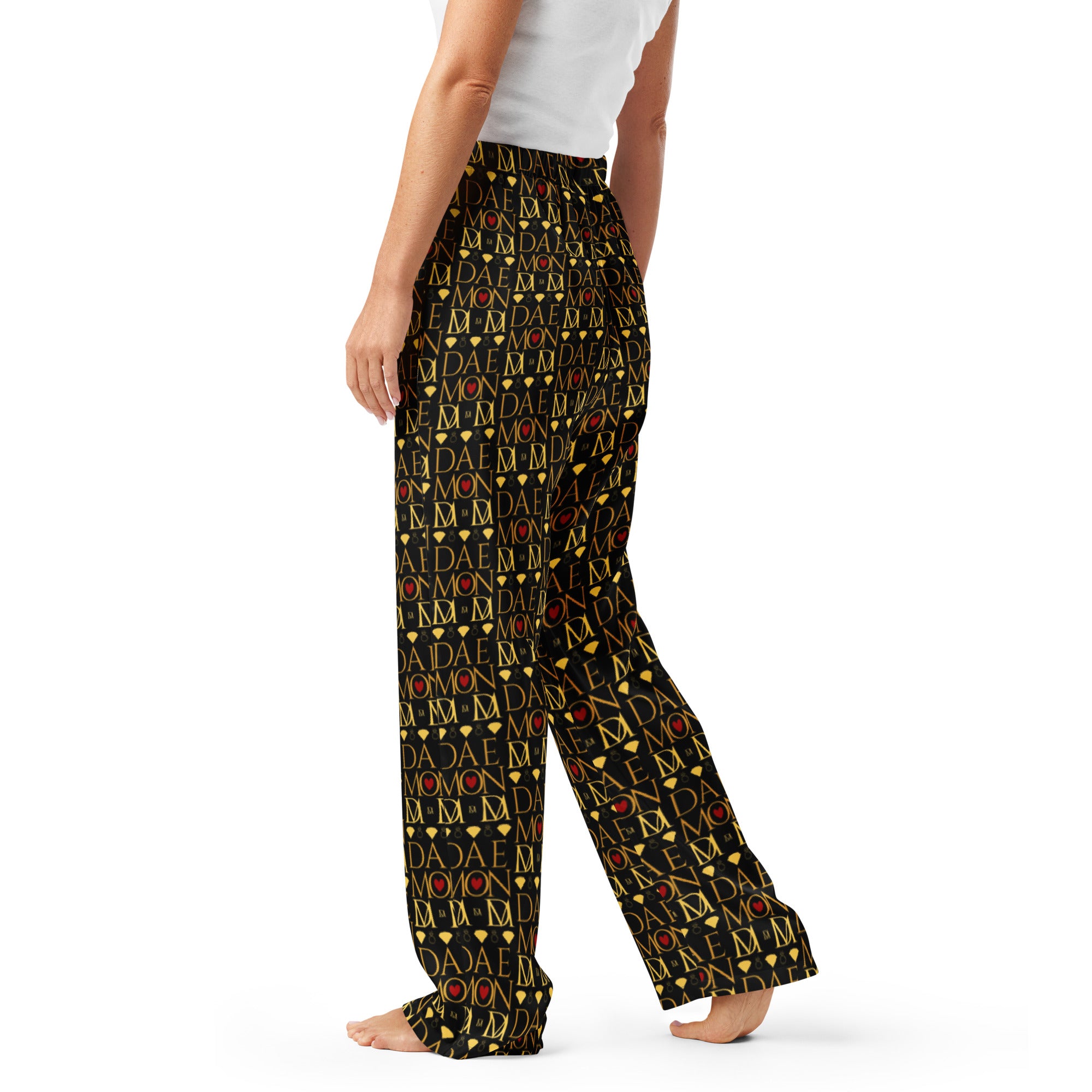 Daemon Luxury Sun Glow California women's pajama pants in black silk with all-over sunset print.