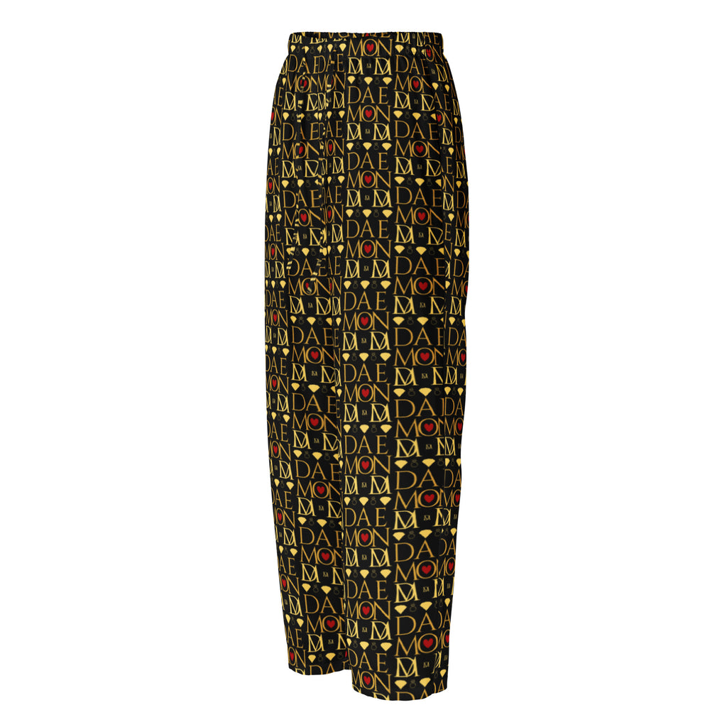 Daemon Luxury Sun Glow California women's silk pajama pants with all-over print, black color, left front view.