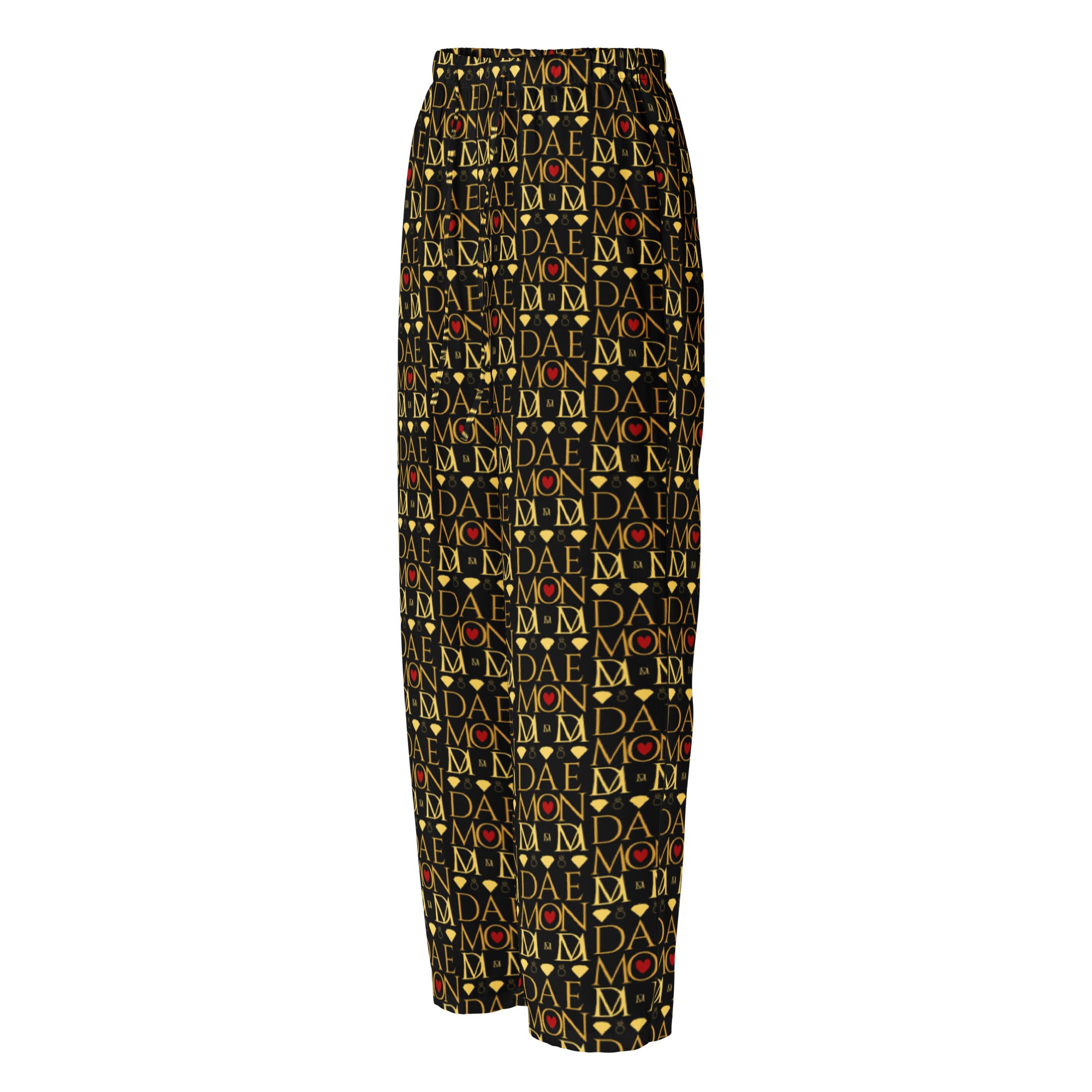 Daemon Luxury Sun Glow California women's silk pajama pants with all-over print, black color, left front view.