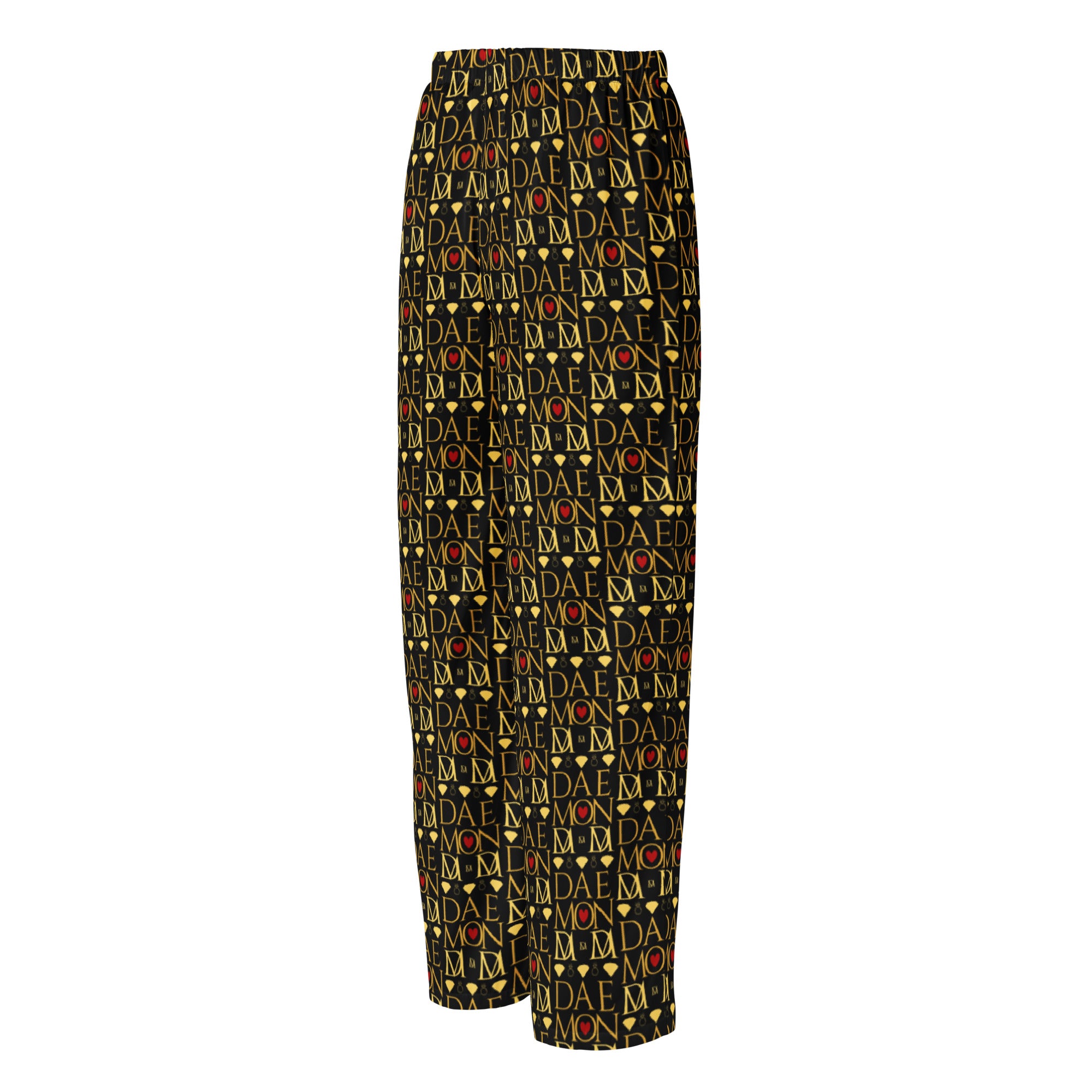 Daemon Luxury Sun Glow California women's silk pajama pants with all-over black print, shown from the back.