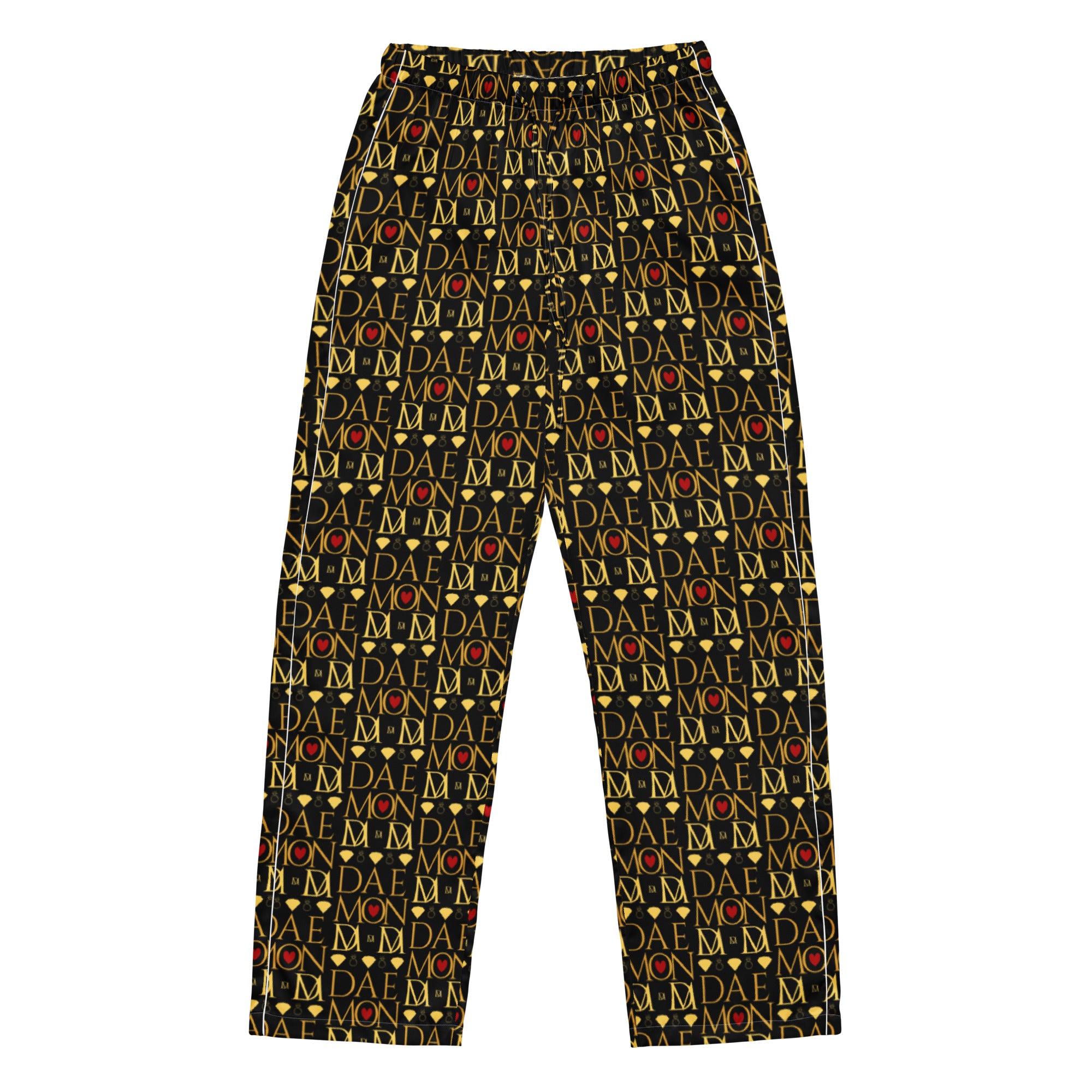 Daemon Luxury Sun Glow California women's silk pajama pants with all-over white print and relaxed fit.
