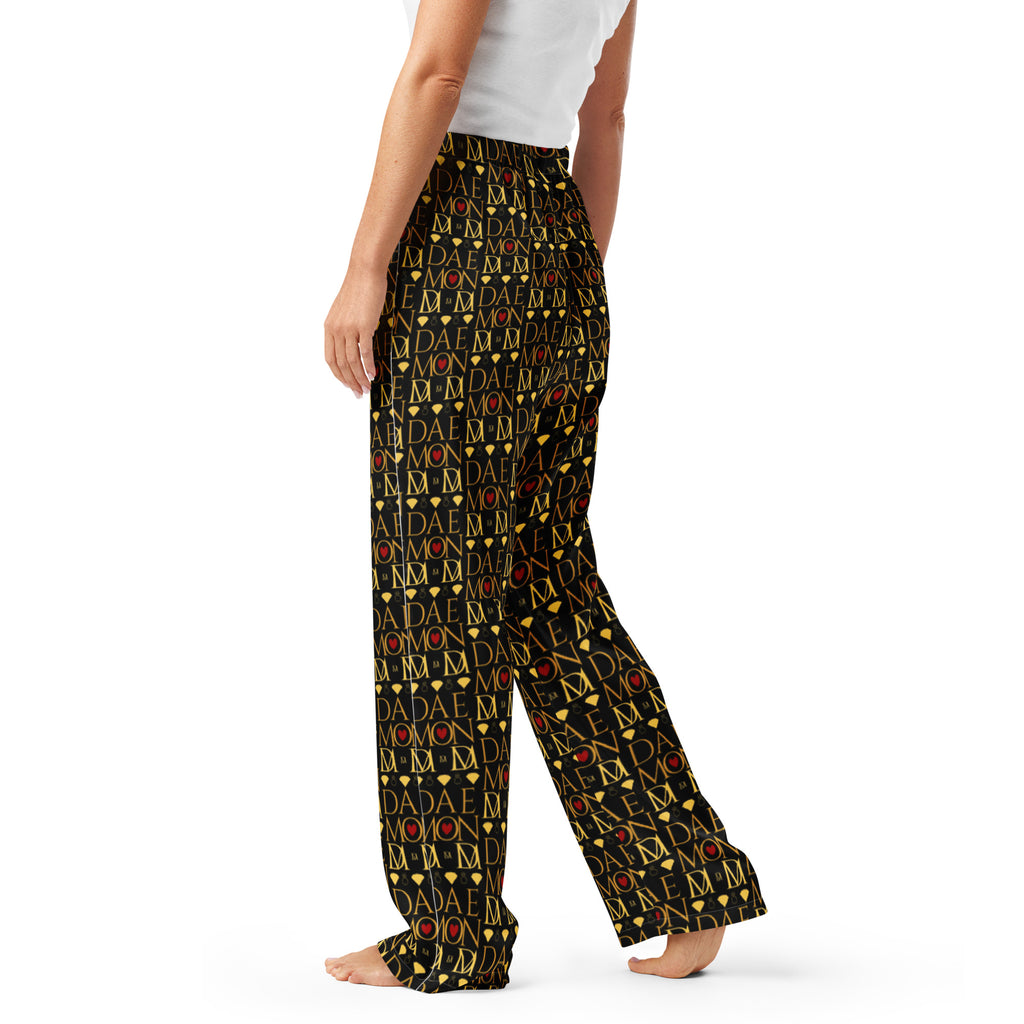 Daemon Luxury Sun Glow California women's silk pajama pants with all-over white print, comfortable and stylish sleepwear.