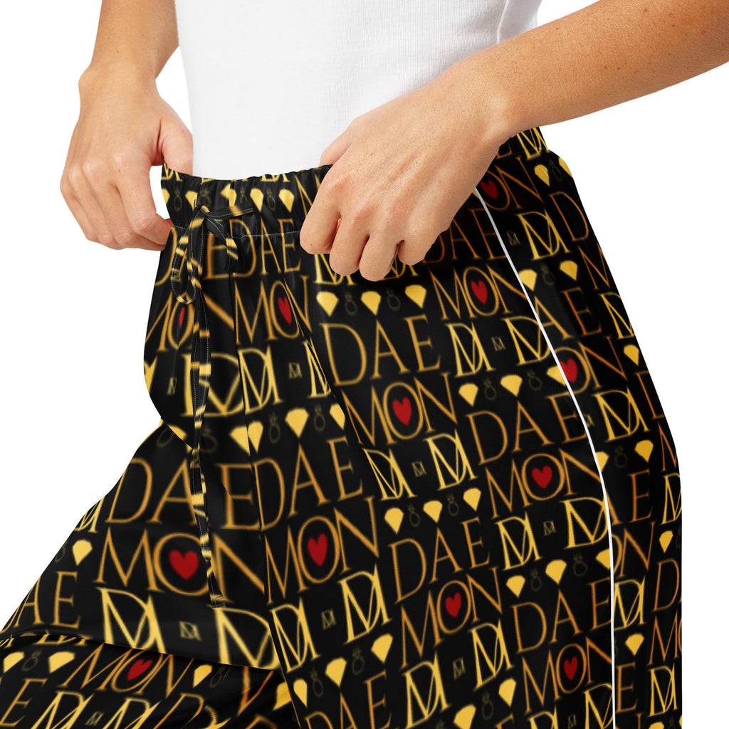 Daemon Luxury Sun Glow California women's silk pajama pants with all-over print, white fabric, comfortable and stylish sleepwear.