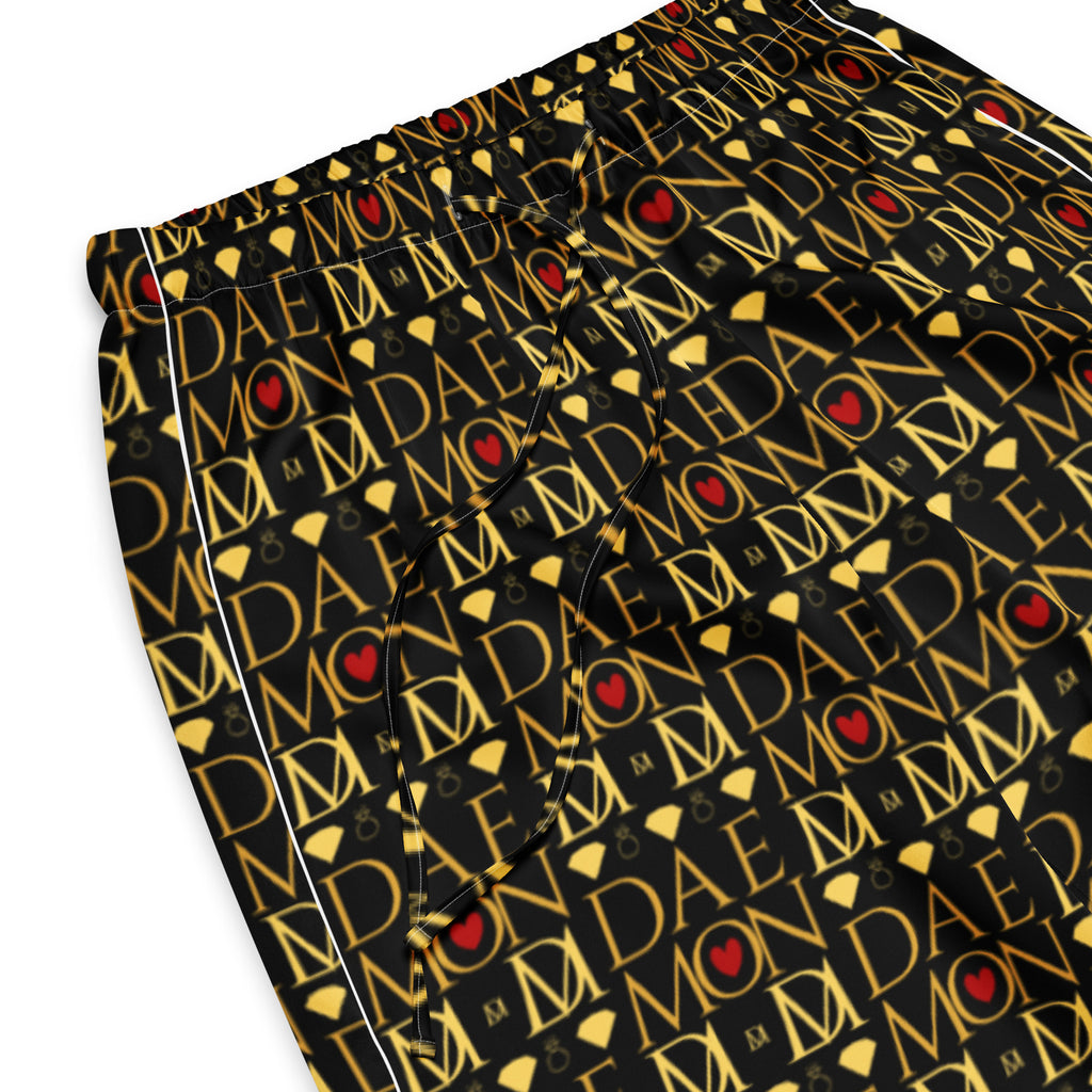 Sun Glow California women's silk pajama pants by Daemon Luxury with all-over white print, comfortable and stylish sleepwear.