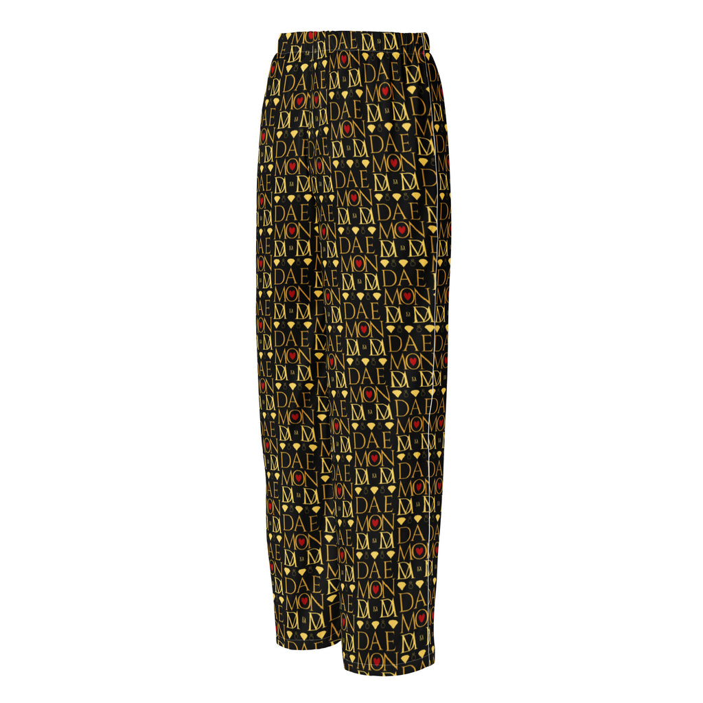 Daemon Luxury Sun Glow California women's pajama pants with a white all-over print, made from silky satin fabric.