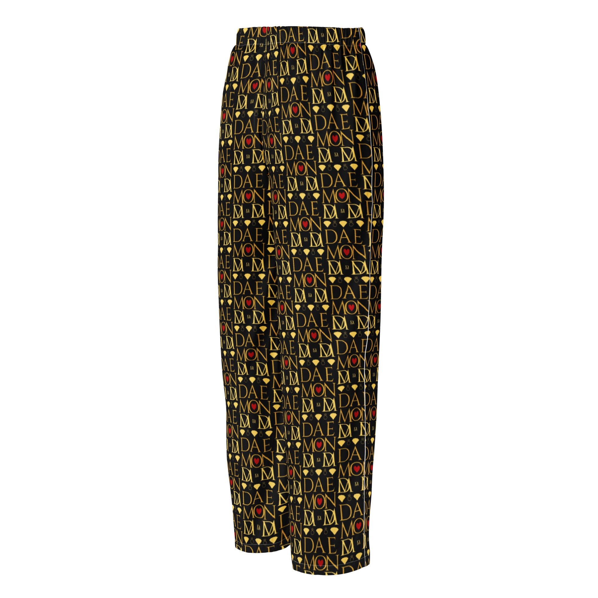 Daemon Luxury Sun Glow California women's pajama pants with a white all-over print, made from silky satin fabric.