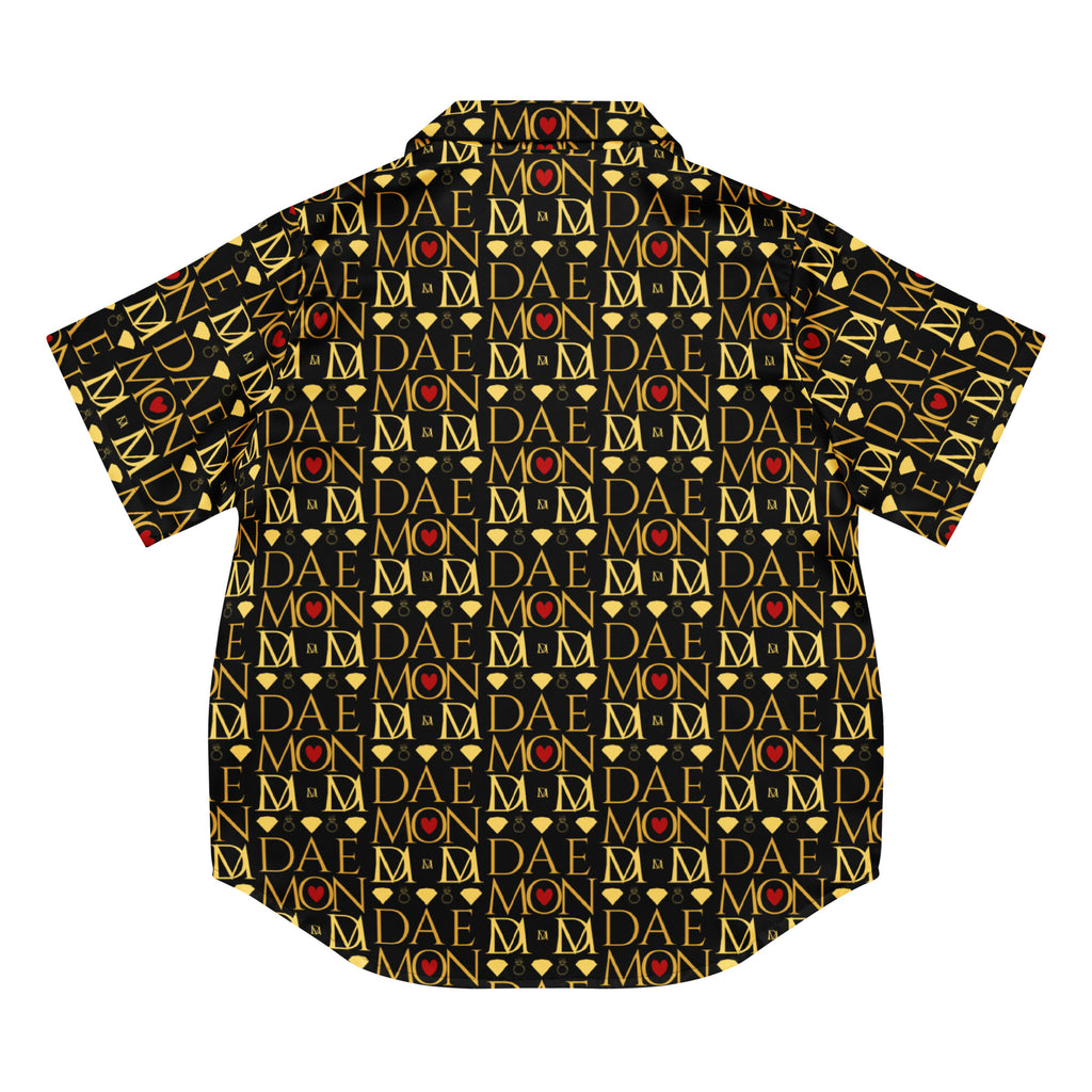 Daemon Luxury Sun Glow California women's short-sleeve silk pajama top with all-over sunset print on black fabric.