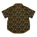 Daemon Luxury Sun Glow California women's short-sleeve silk pajama top with all-over sunset print on black fabric.