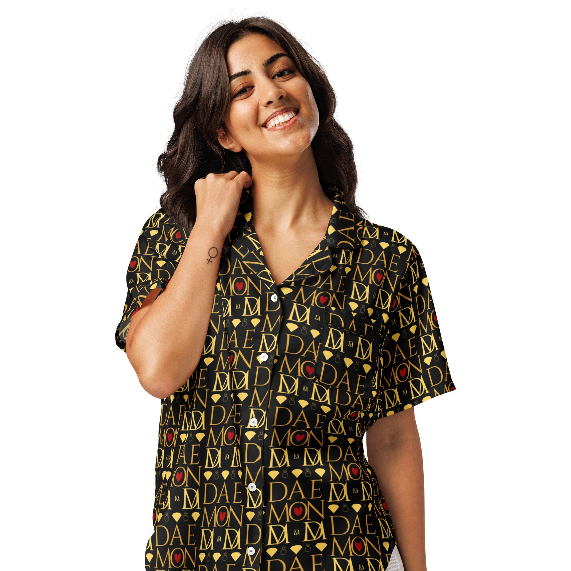 Daemon Luxury Sun Glow California women's black silk short-sleeve pajama top with vibrant all-over print.