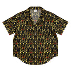 Daemon Luxury Sun Glow California women's short-sleeve silk pajama top with all-over print in black, front view.
