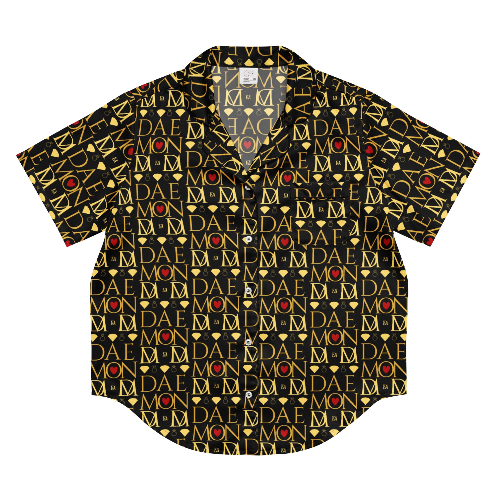 Daemon Luxury Sun Glow California women's short-sleeve silk pajama top with all-over print in black, front view.