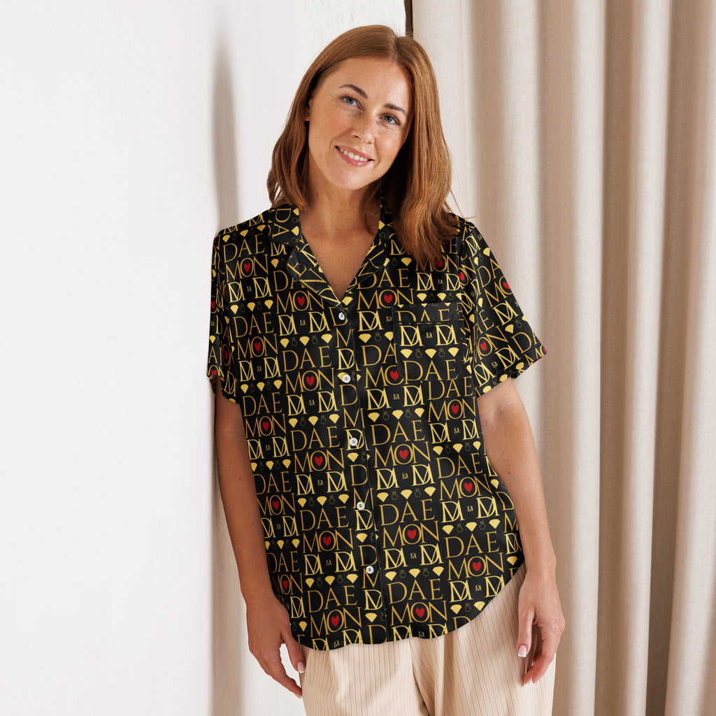 Daemon Luxury Sun Glow California women's short-sleeve pajama top in black with all-over print, made from silky satin fabric.