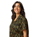 Daemon Luxury Sun Glow California women's short-sleeve silk pajama top with all-over black print, front view.