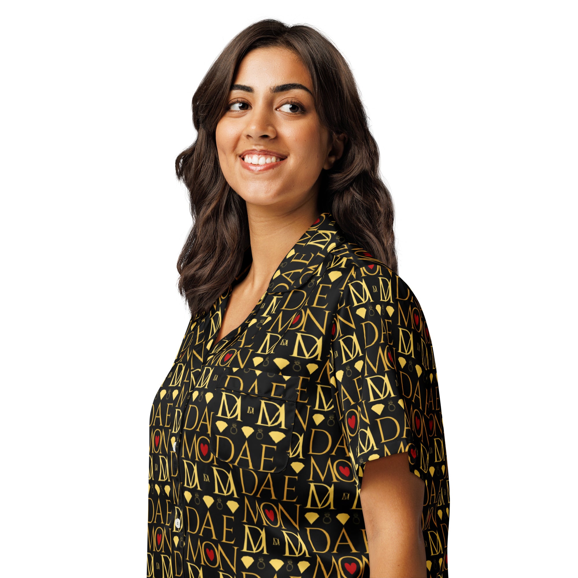 Daemon Luxury Sun Glow California women's short-sleeve silk pajama top with all-over black print, front view.