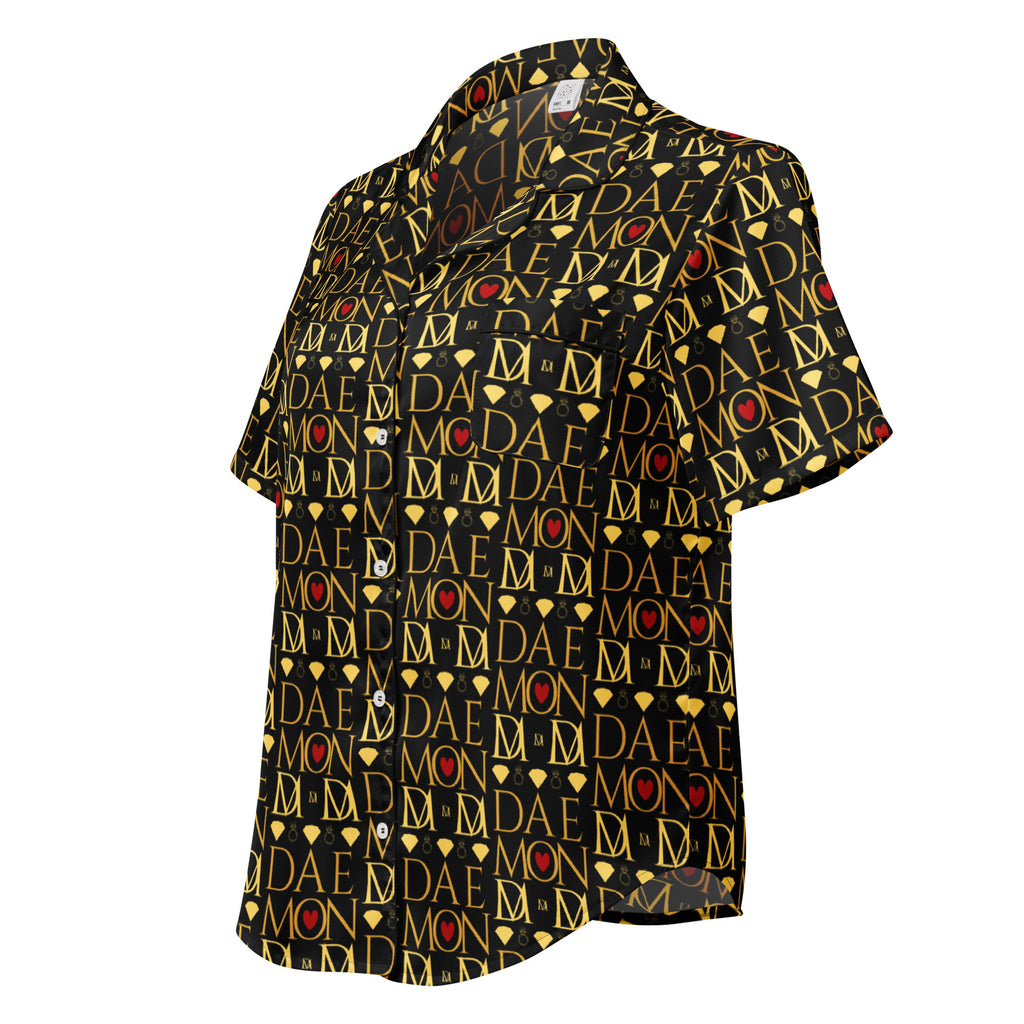 Daemon Luxury Sun Glow California women's silk short-sleeve pajama top with all-over print in black.