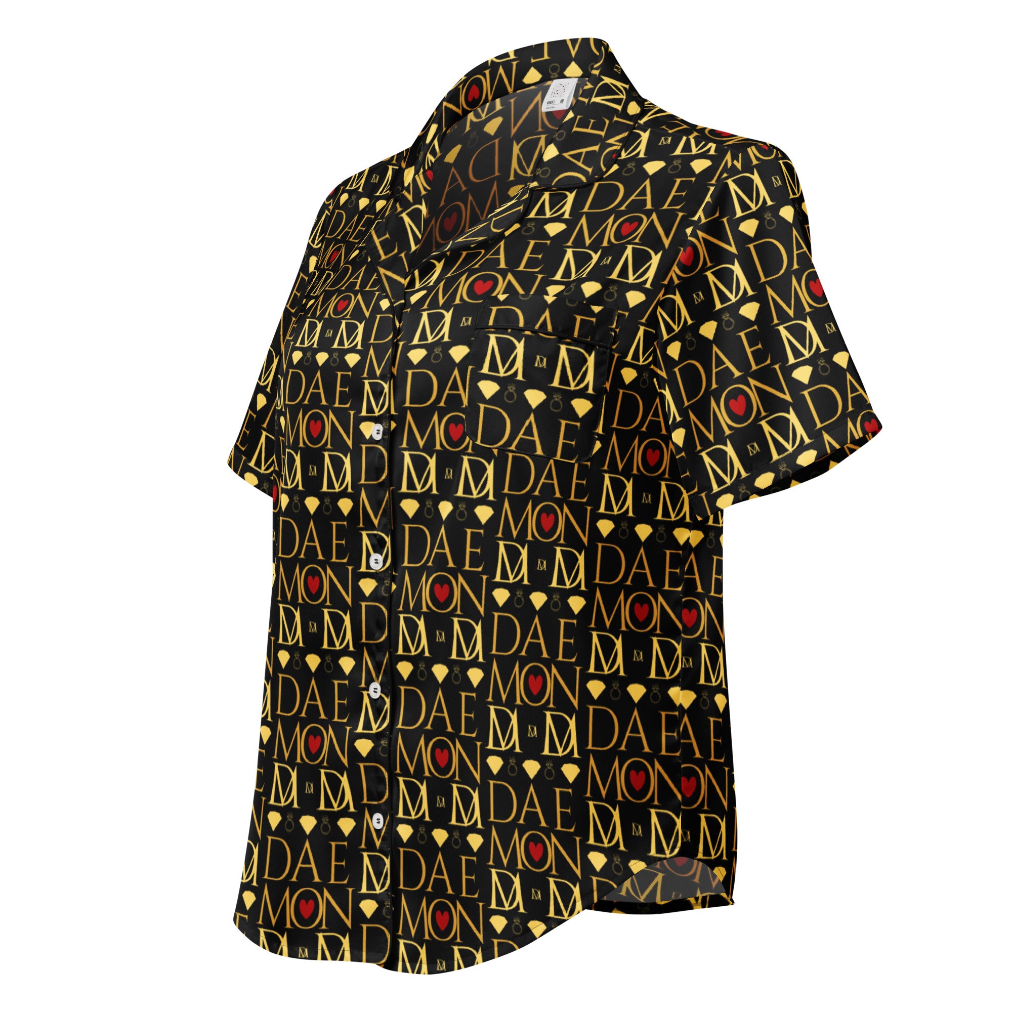 Daemon Luxury Sun Glow California women's silk short-sleeve pajama top with all-over print in black.