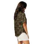 Daemon Luxury Sun Glow California women's short-sleeve silk pajama top with all-over print, black color, shown from the back.