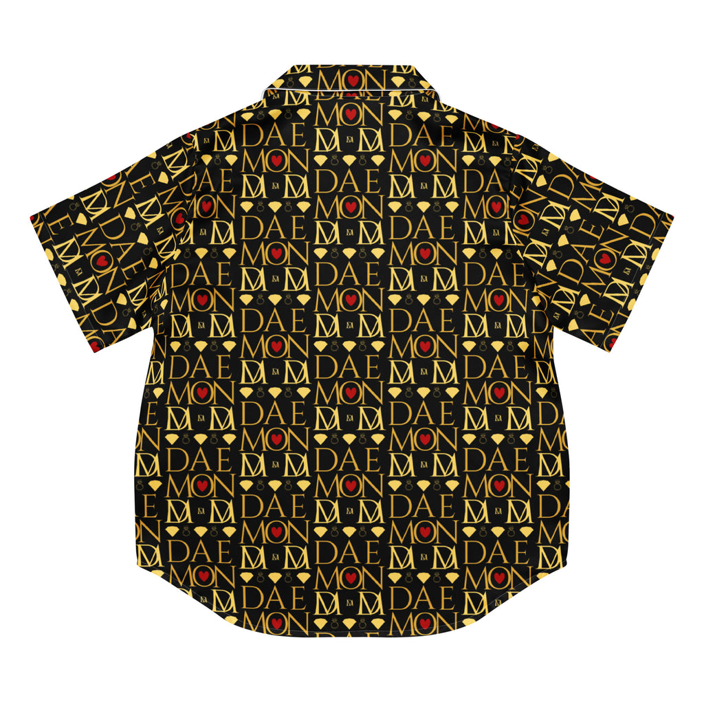 Daemon Luxury Sun Glow California women's short-sleeve silk pajama top with all-over print on white fabric.