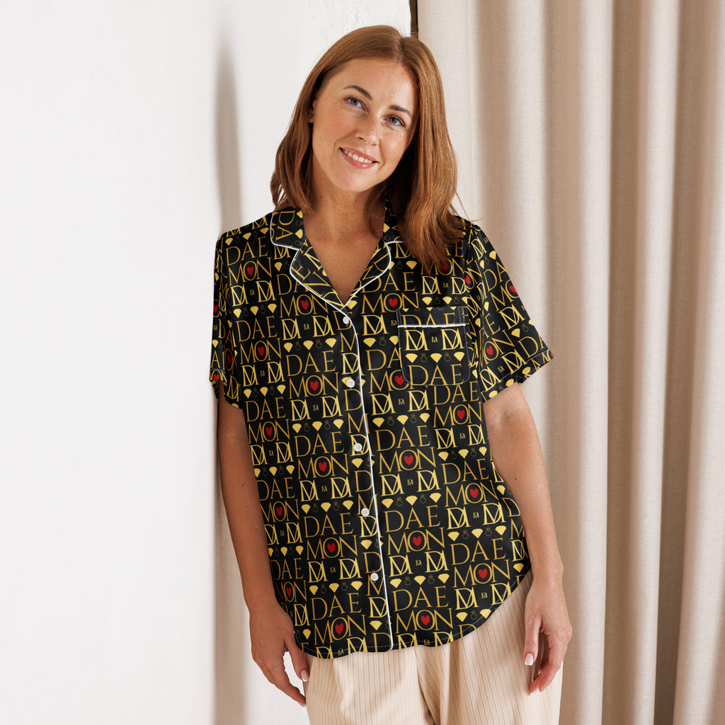 Daemon Luxury Sun Glow California women's short-sleeve silk pajama top with all-over sunset print on white background.