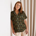 Daemon Luxury Sun Glow California women's short-sleeve silk pajama top with all-over sunset print on white background.