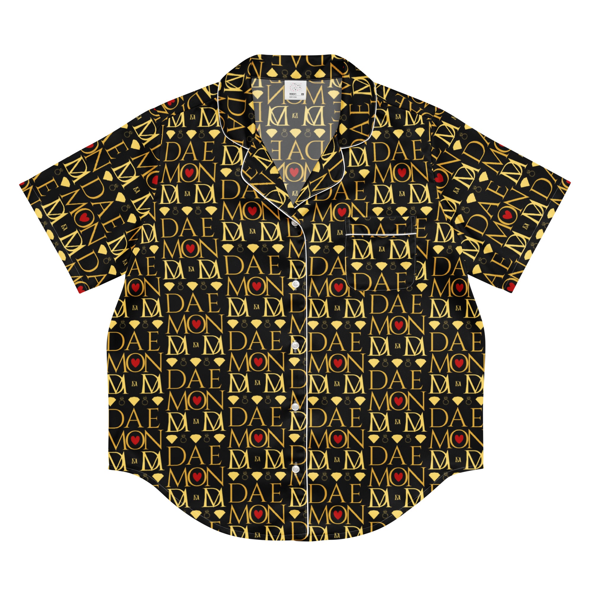Daemon Luxury Sun Glow California women’s short-sleeve silk pajama top with all-over print on white background.