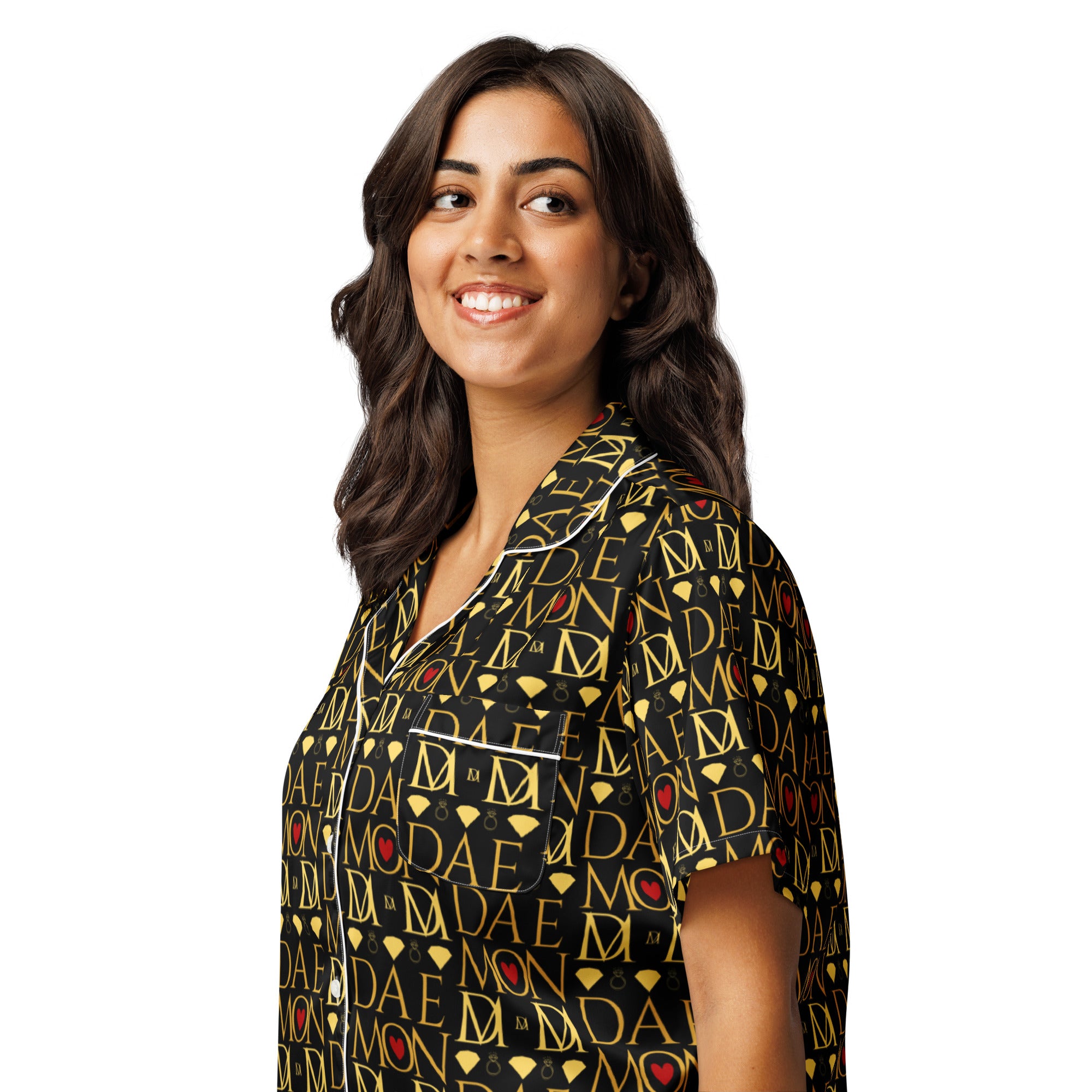 Daemon Luxury Sun Glow California women's short-sleeve silk pajama top with all-over print, white color, front view