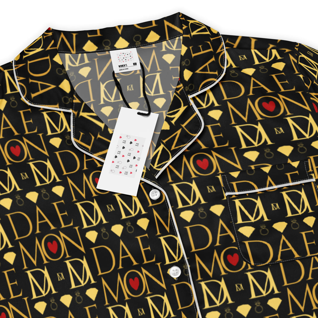 Daemon Luxury Sun Glow California women's short-sleeve silk pajama top with all-over print on white fabric.
