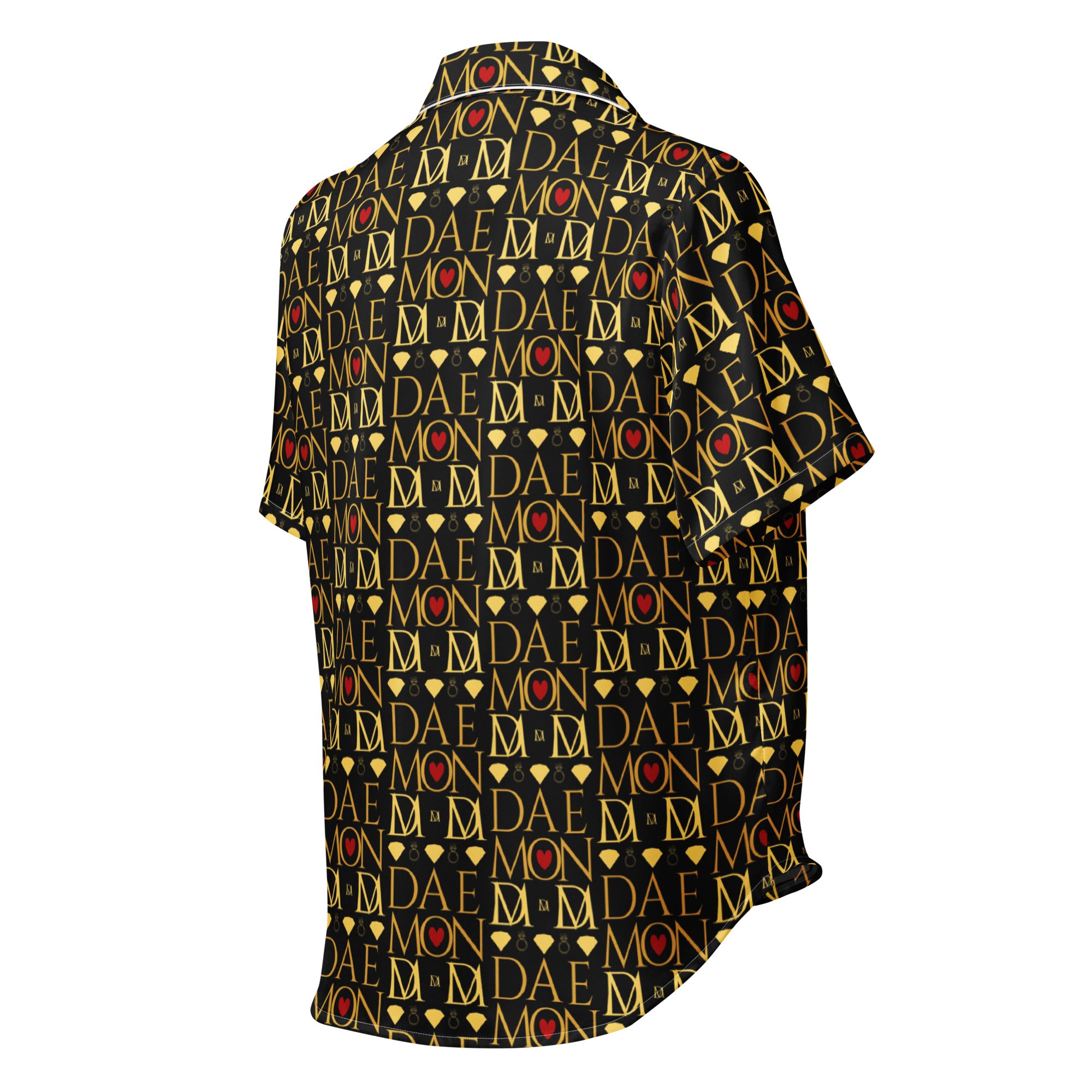 Daemon Luxury Sun Glow California women's satin pajama top with all-over print, short sleeves, and a white background.