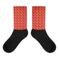 Daemon Luxury Honeybee Shores (Tarmin’s Heart) black sublimated socks with intricate bee and floral designs, flat view.