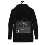 Black unisex cotton hoodie featuring Potrero Hill Coyote design by ST. Francis and Friends, with a front pocket and hood.