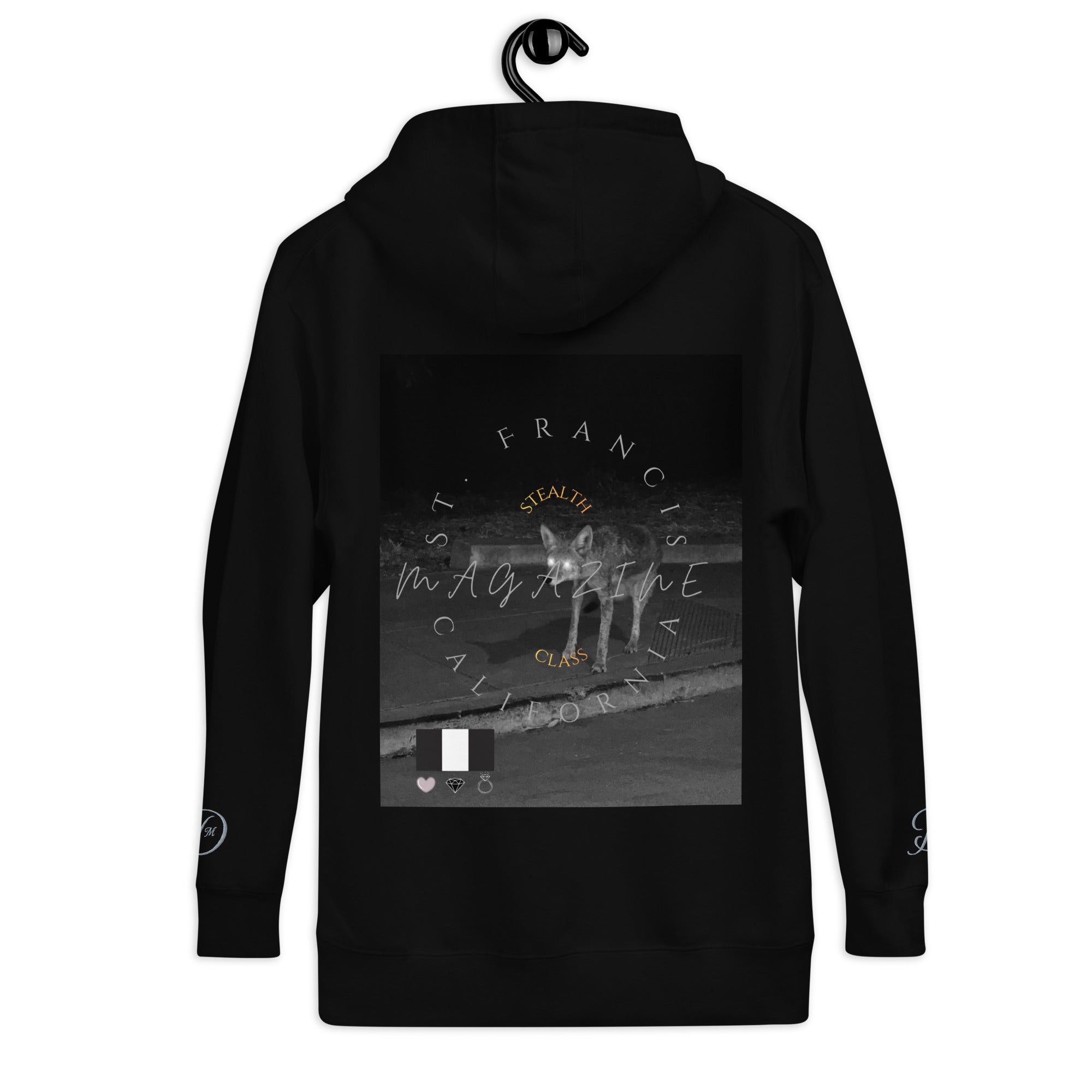 Black unisex cotton hoodie featuring Potrero Hill Coyote design by ST. Francis and Friends, with a front pocket and hood.