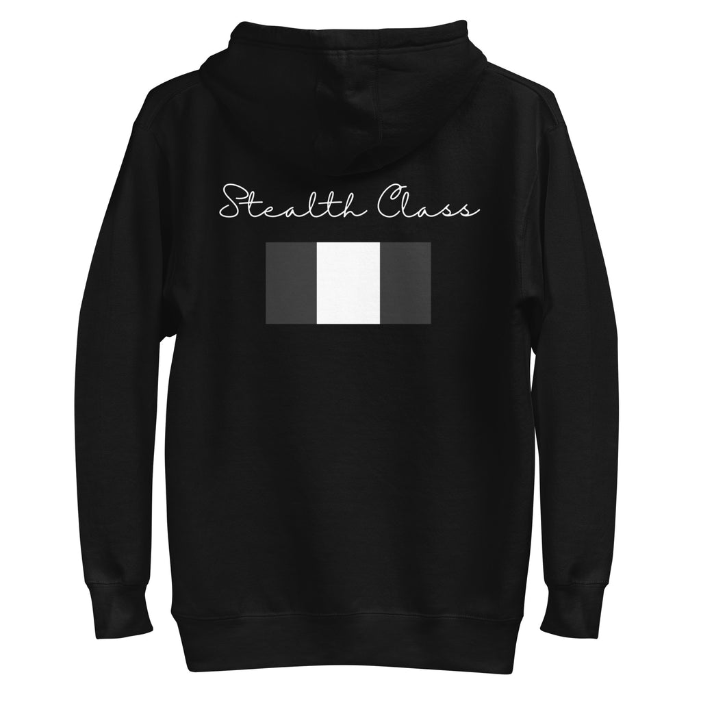 Daemon Stealth Pardon unisex black cotton hoodie with back graphic, premium pullover style, featuring a hood and casual fit.