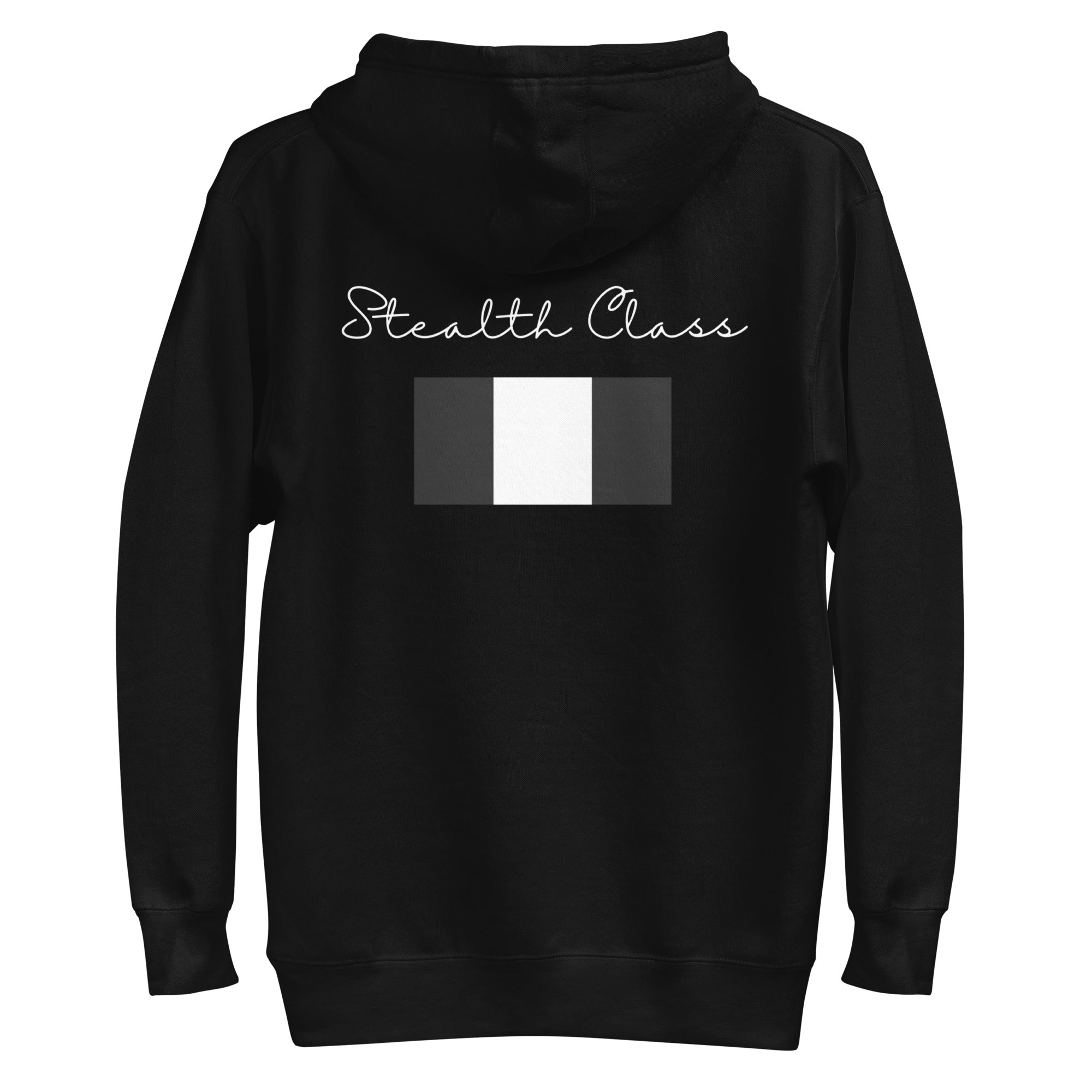 Daemon Stealth Pardon unisex black cotton hoodie with back graphic, premium pullover style, featuring a hood and casual fit.