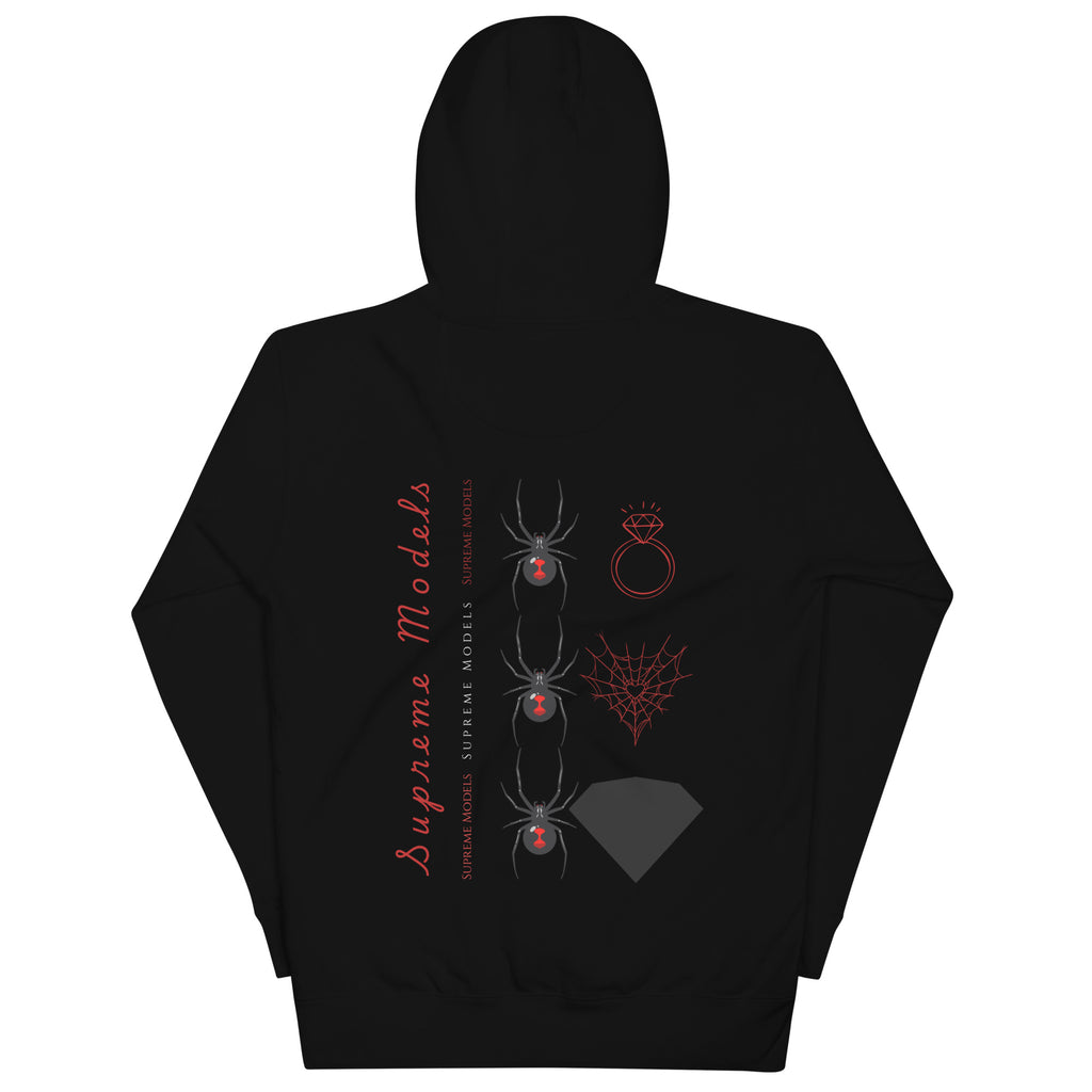 Daemon Luxury Supreme Models Widowed cotton hoodie, black unisex pullover with hood and back design, premium casual sweatshirt