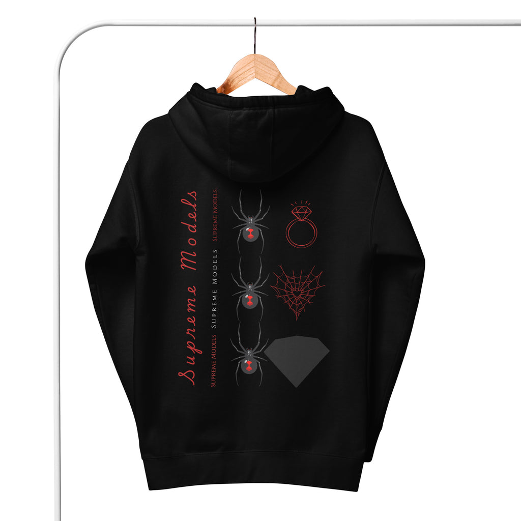 Daemon Luxury Supreme Models Widowed cotton hoodie, black unisex pullover with hood and back design.