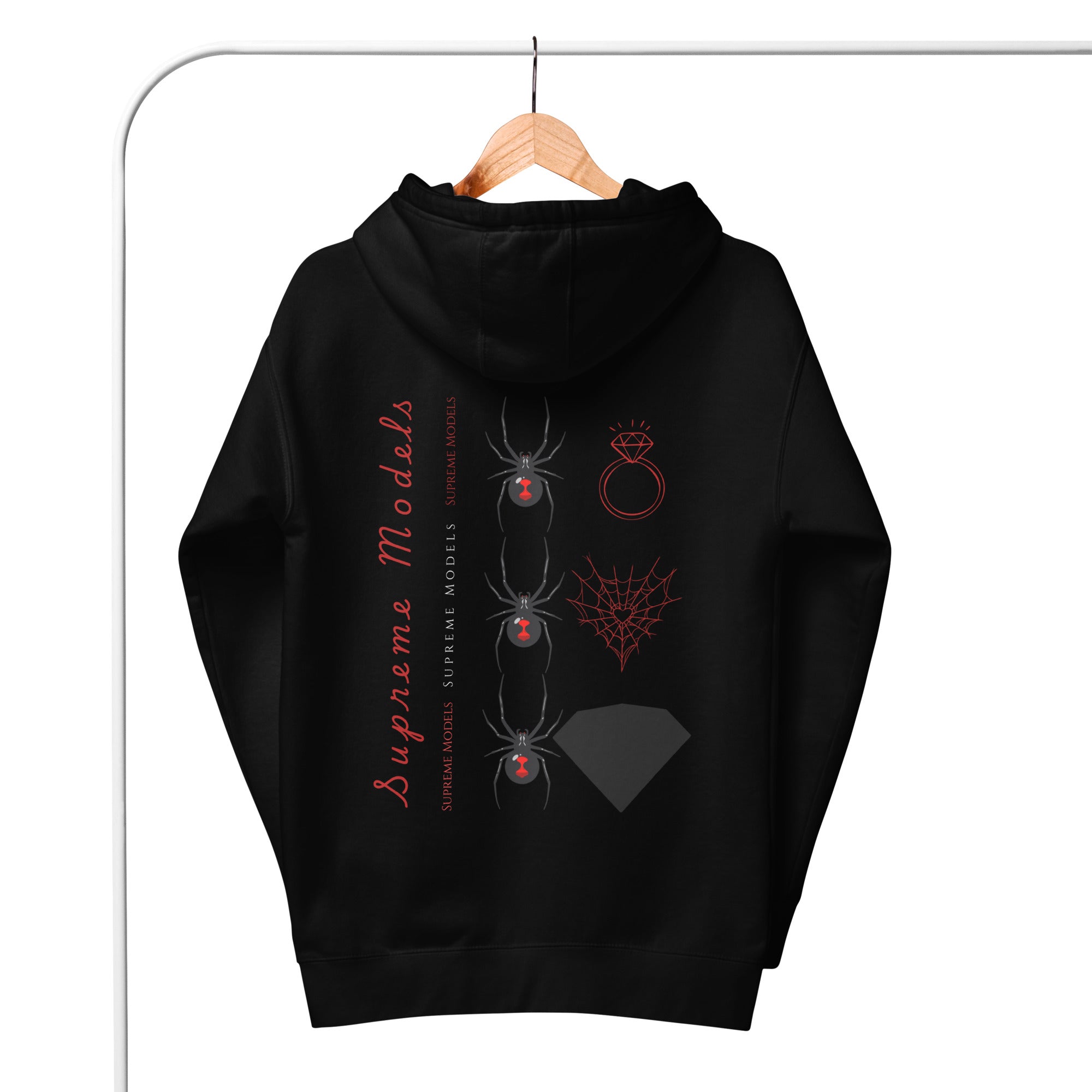 Daemon Luxury Supreme Models Widowed cotton hoodie, black unisex pullover with hood and back design.