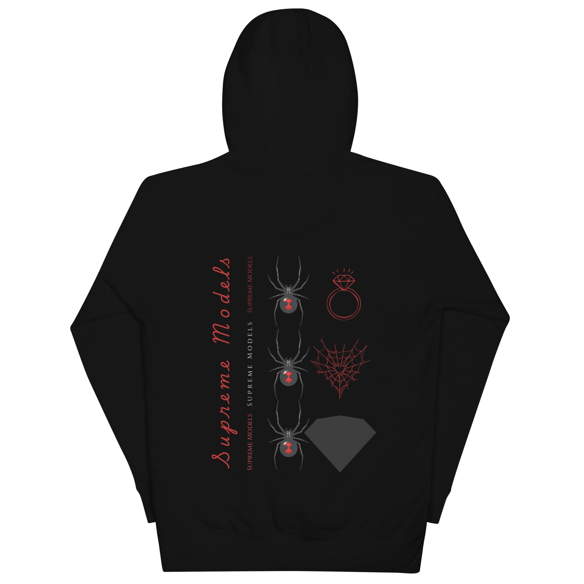 Daemon Luxury Supreme Models Widowed hoodie, unisex black cotton sweatshirt with hood and back design.