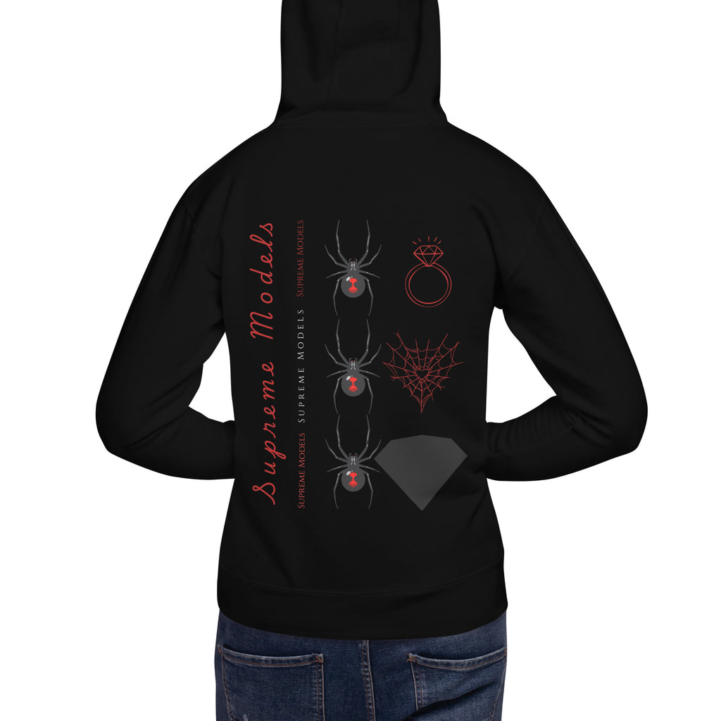 Daemon Luxury Supreme Models Widowed hoodie, black cotton heritage unisex pullover with hood and back design.