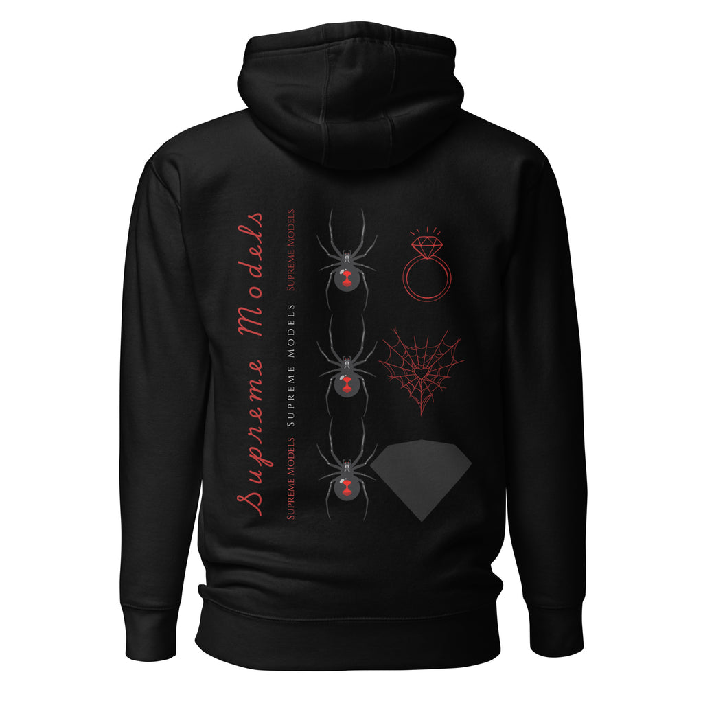 Daemon Luxury Supreme Models Widowed hoodie in black, unisex cotton pullover with hood and back design.