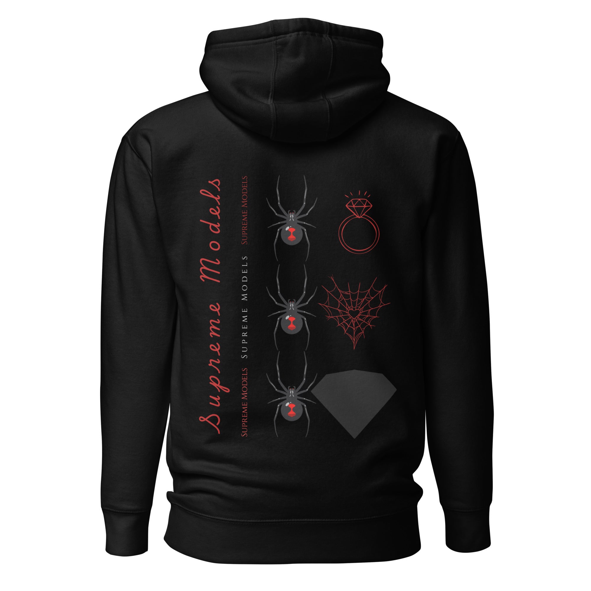 Daemon Luxury Supreme Models Widowed hoodie in black, unisex cotton pullover with hood and back design.