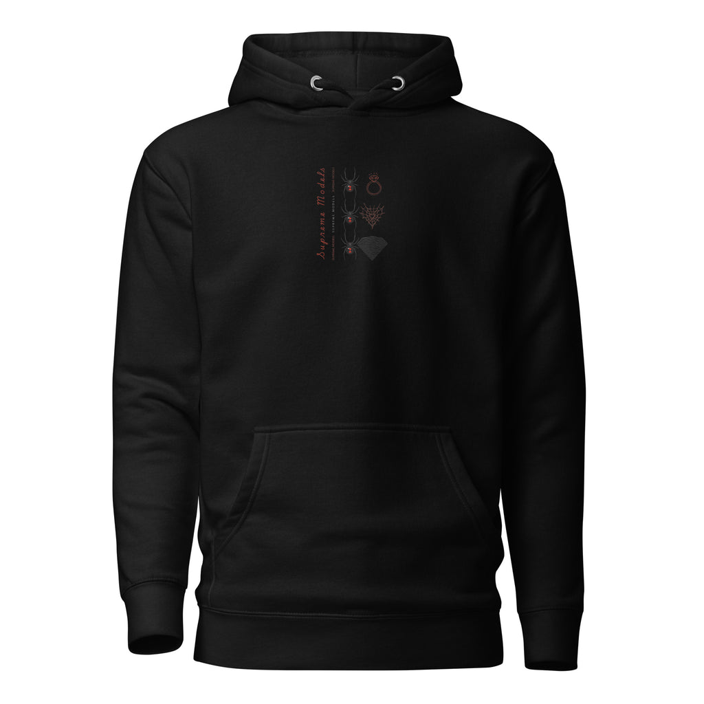 Daemon Luxury Supreme Models Widowed cotton heritage unisex hoodie in black with front design and hood, casual streetwear style