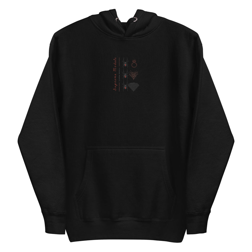 Daemon Luxury Supreme Models Widowed cotton hoodie, black unisex pullover with hood and front design, premium streetwear style.