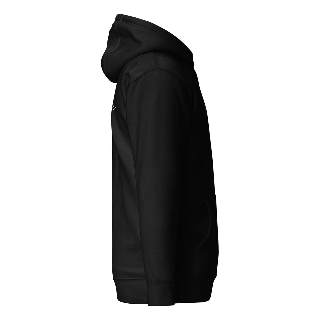 Daemon Stealth Pardon unisex black cotton hoodie with hood and front pocket, premium casual sweatshirt.