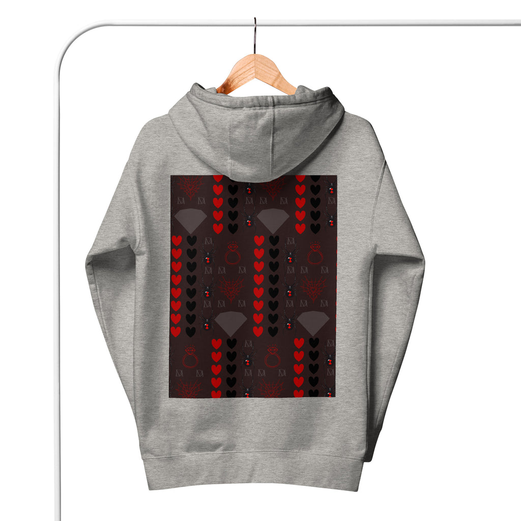 Daemon Luxury Supreme Models More Less Love unisex cotton hoodie in carbon grey, back view showing design and hood detail.